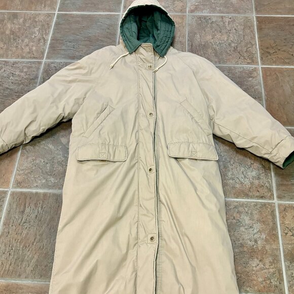 ~~Mulberry Street Goose Down Puffer Coat TAN HOODED Long Women's M Winter PARKA - Picture 1 of 7